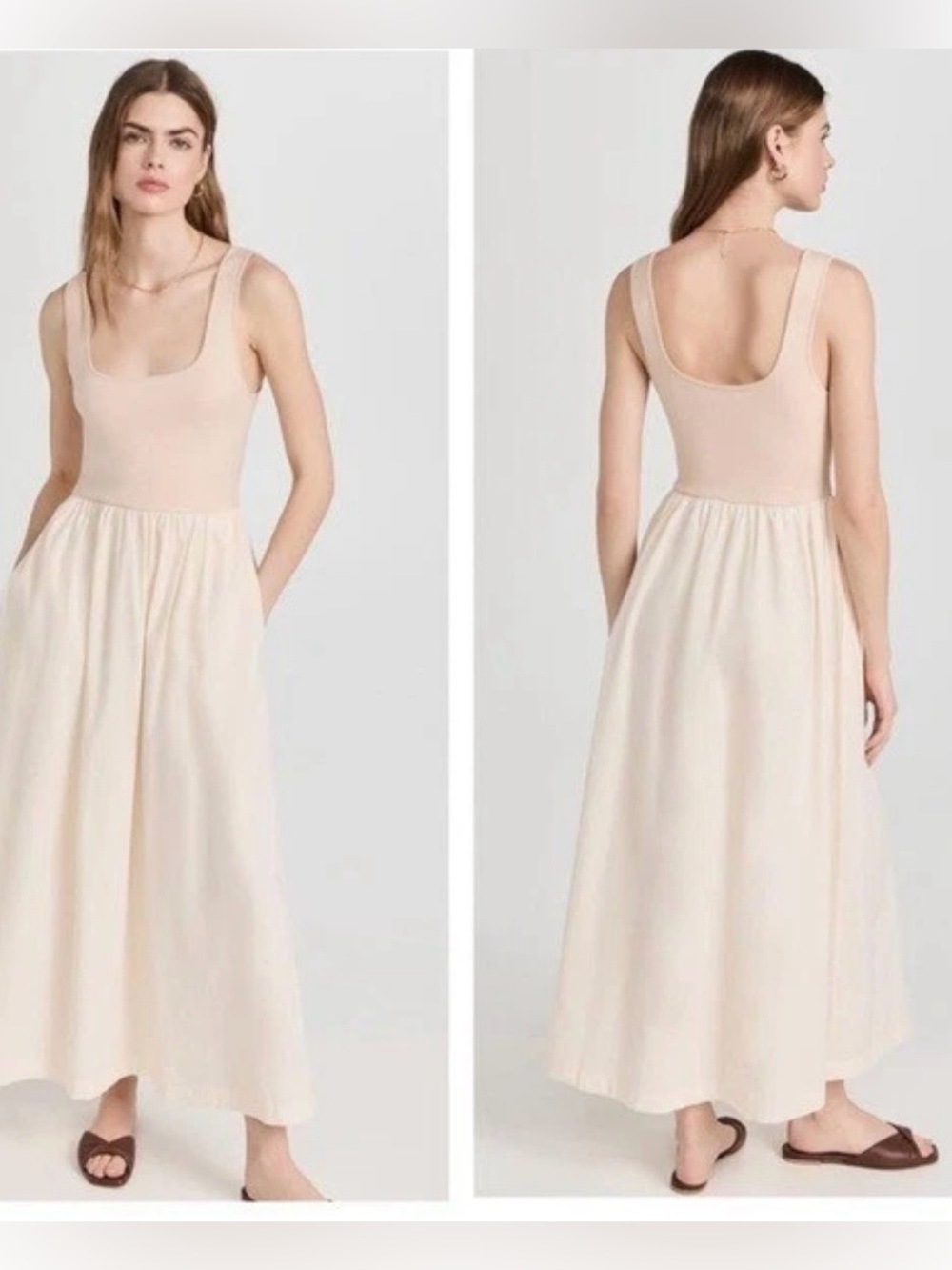 Monrow Poplin Mix Tank Maxi- Cream Size XS Casual Preppy Mixed Media